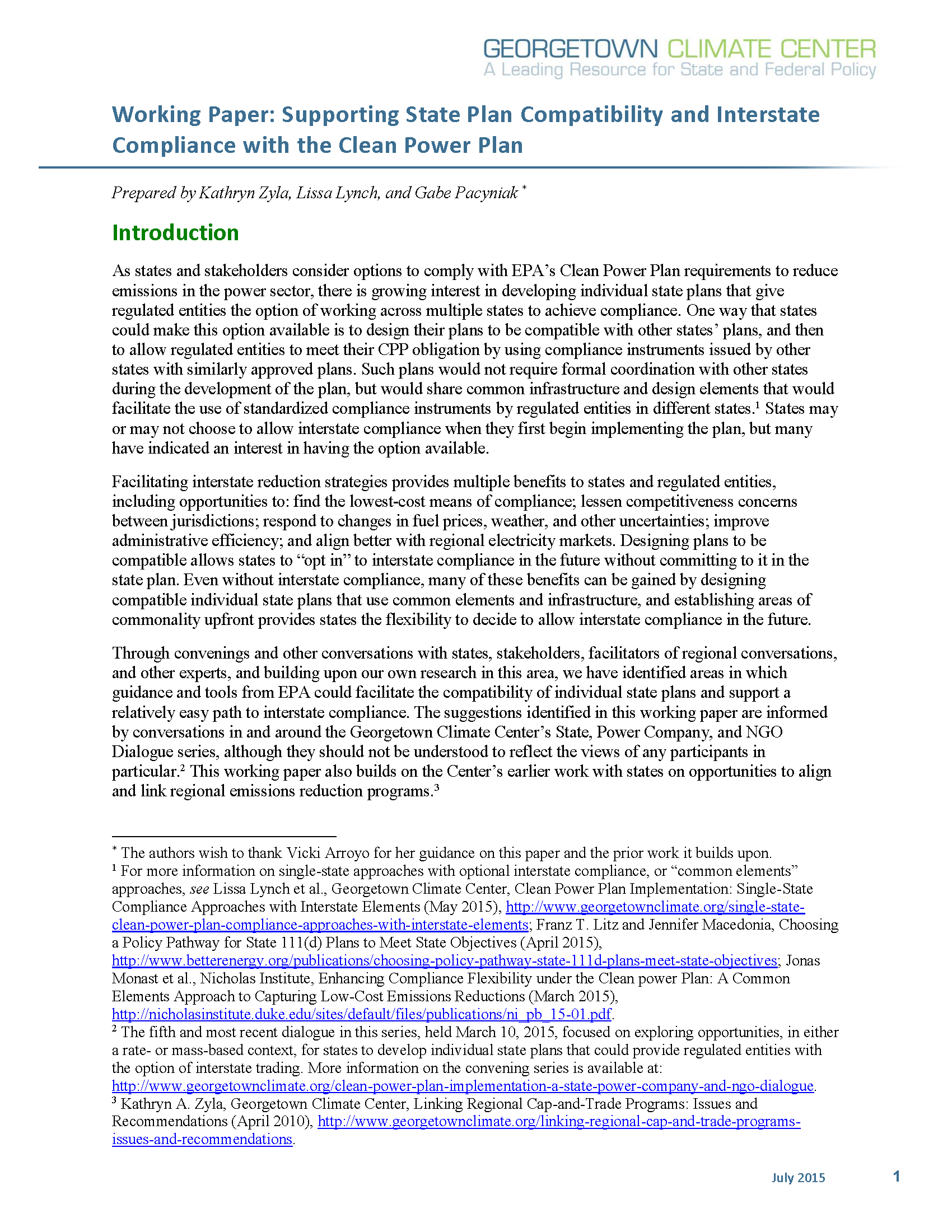 Supporting State Plan Compatibility and Interstate Compliance with the Clean Power Plan